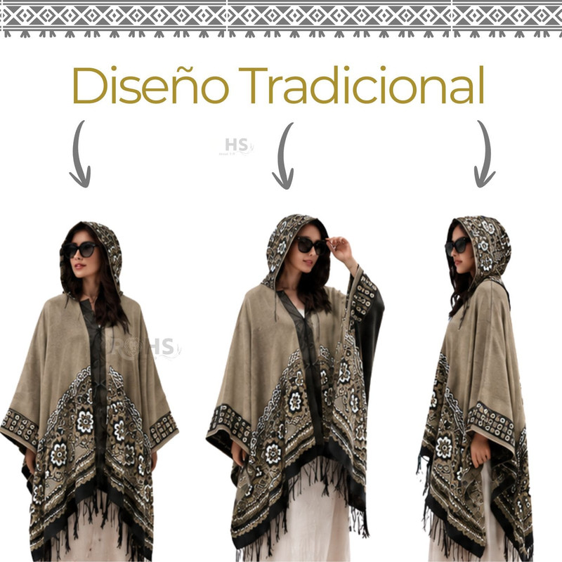 PONCHO CON CAPUCHA BEIGE CON BORDADO FLORAL DE TELA SUAVE CON FLECOS 52 X 46 CM - 3