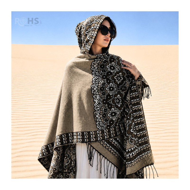 PONCHO CON CAPUCHA BEIGE CON BORDADO FLORAL DE TELA SUAVE CON FLECOS 52 X 46 CM - 4