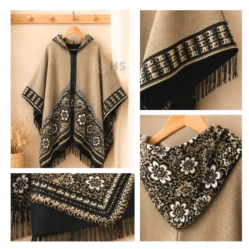 PONCHO CON CAPUCHA BEIGE CON BORDADO FLORAL DE TELA SUAVE CON FLECOS 52 X 46 CM - 6