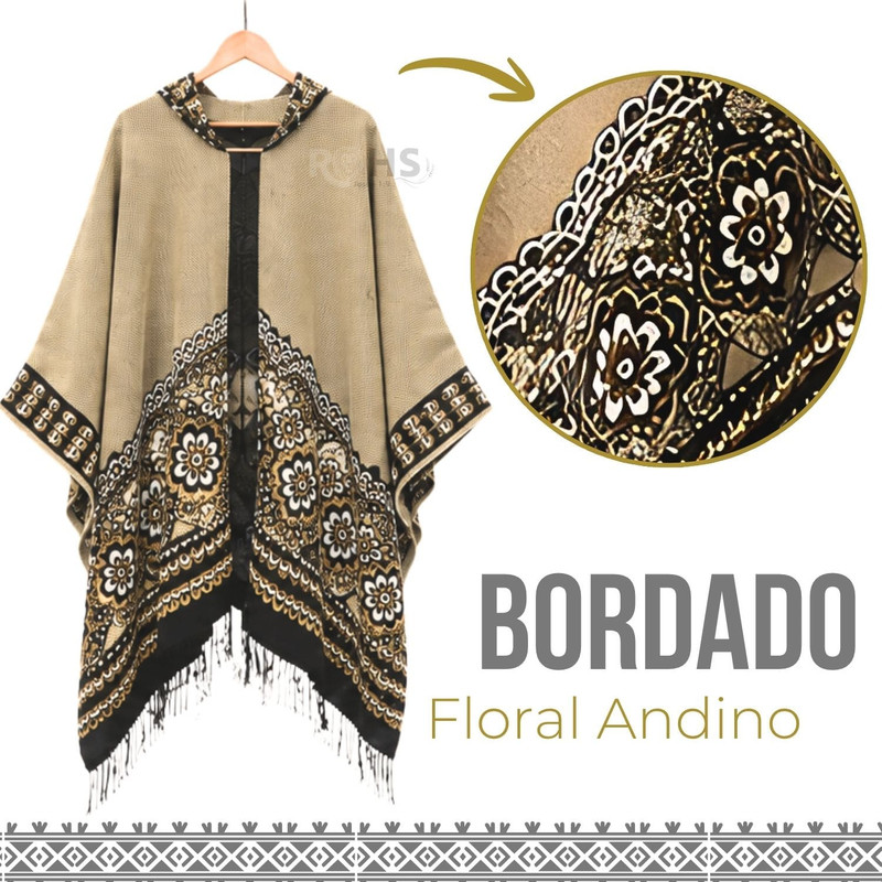 PONCHO CON CAPUCHA BEIGE CON BORDADO FLORAL DE TELA SUAVE CON FLECOS 52 X 46 CM - 7