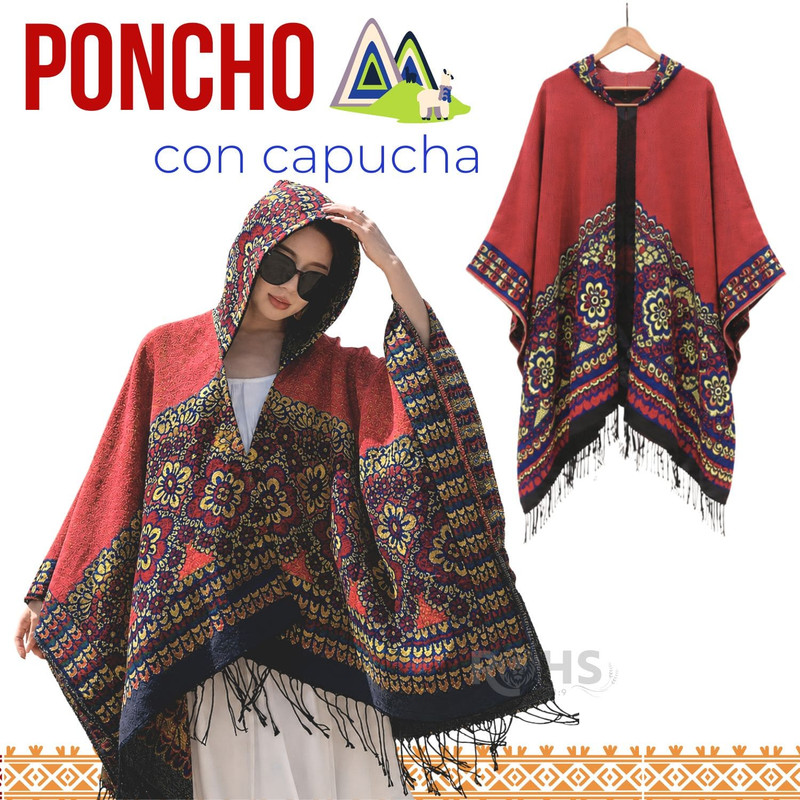 PONCHO CON CAPUCHA ROJA CON BORDADO COLORIDO DE TELA SUAVE CON FLECOS 52 X 46 CM - 1