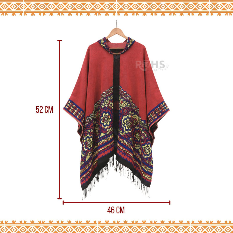 PONCHO CON CAPUCHA ROJA CON BORDADO COLORIDO DE TELA SUAVE CON FLECOS 52 X 46 CM - 5