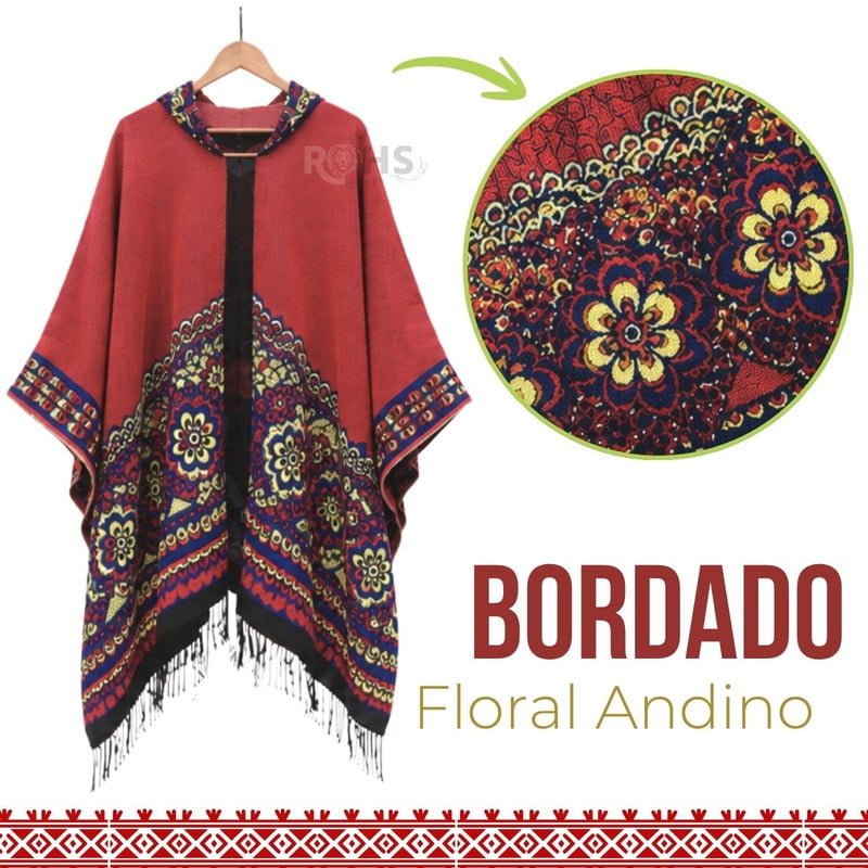 PONCHO CON CAPUCHA ROJA CON BORDADO COLORIDO DE TELA SUAVE CON FLECOS 52 X 46 CM - 7