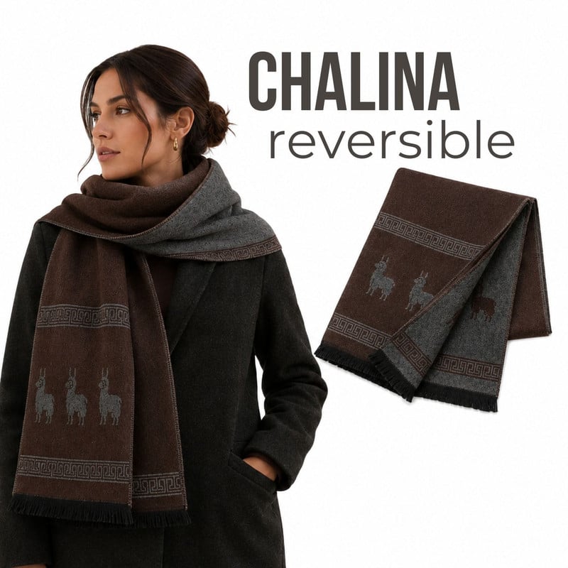 CHALINA REVERSIBLE MARRÓN Y GRIS OSCURO CON DISEÑO DE LLAMAS TELA SUAVE 184 X 32 CM - 1