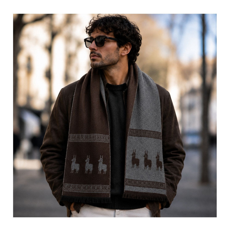CHALINA REVERSIBLE MARRÓN Y GRIS OSCURO CON DISEÑO DE LLAMAS TELA SUAVE 184 X 32 CM - 3