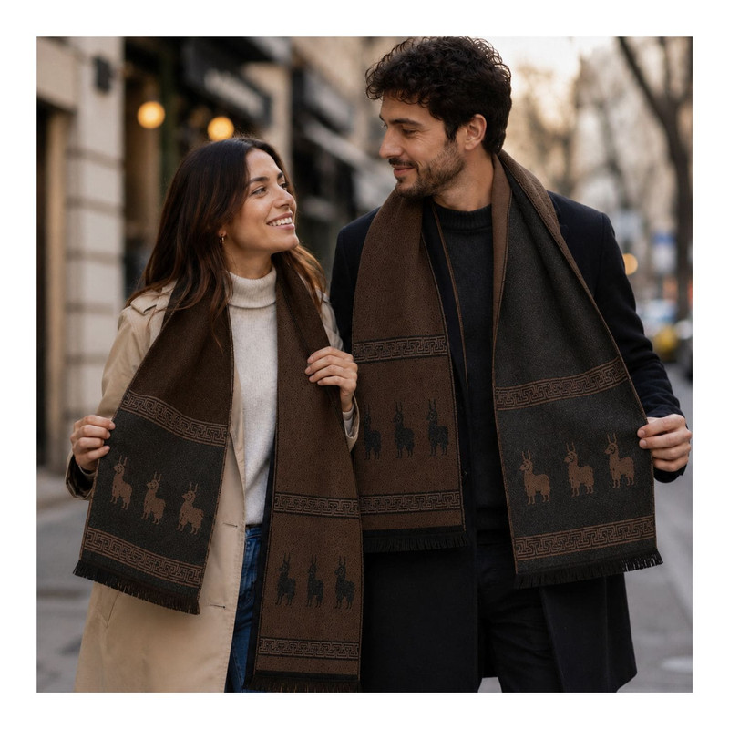 CHALINA REVERSIBLE MARRÓN Y GRIS OSCURO CON DISEÑO DE LLAMAS TELA SUAVE 184 X 32 CM - 7