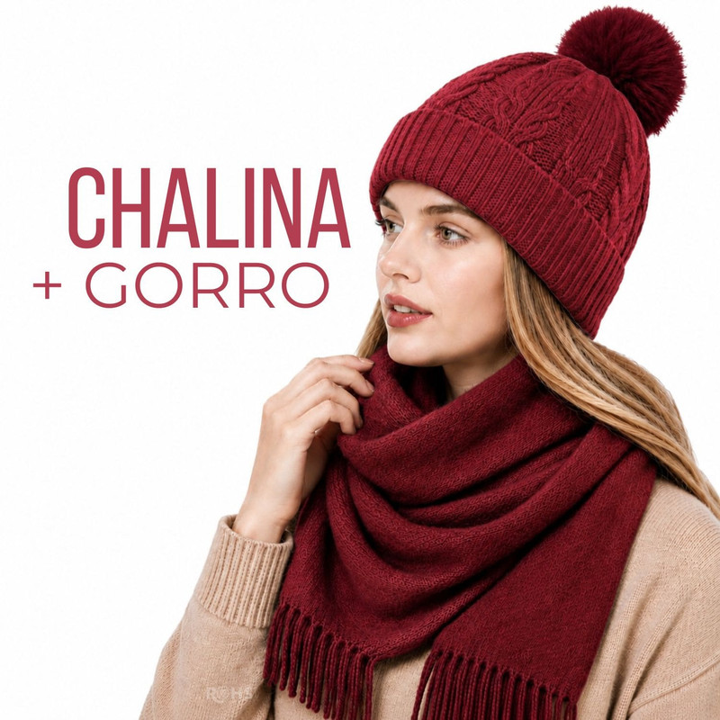 CHALINA ROJA + GORRO CON POMPÓN DE TELA SUAVE - 1