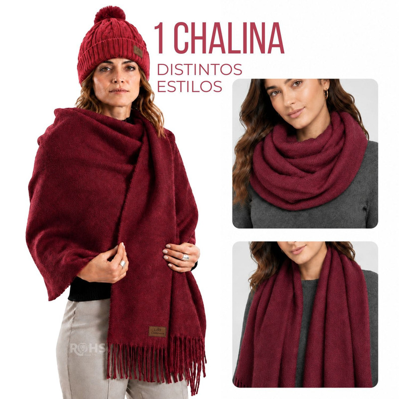 CHALINA ROJA + GORRO CON POMPÓN DE TELA SUAVE - 2