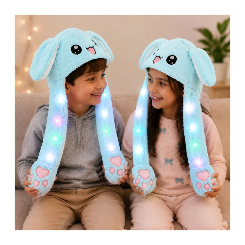 GORRO LEVANTA OREJAS CELESTE CON LUCES DE COLORES DE TELA SUAVE - 5