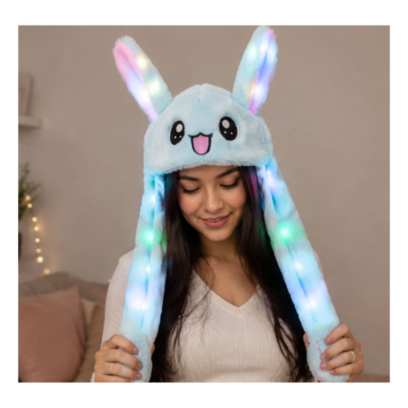 GORRO LEVANTA OREJAS CELESTE CON LUCES DE COLORES DE TELA SUAVE - 6