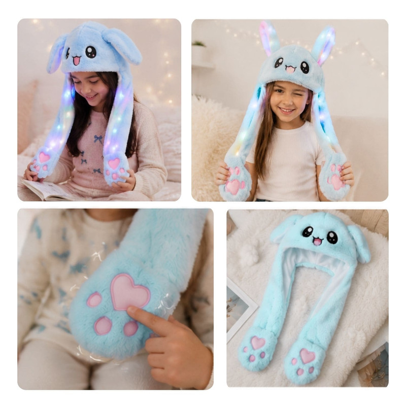 GORRO LEVANTA OREJAS CELESTE CON LUCES DE COLORES DE TELA SUAVE - 7