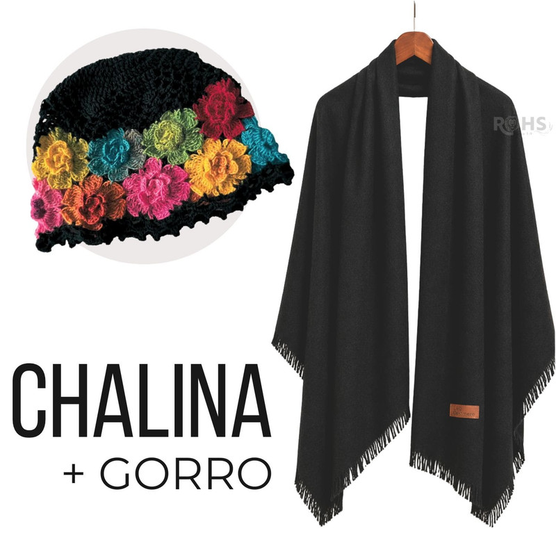 CHALINA NEGRA + GORRO TEJIDO CON FLORES MULTICOLOR DE TELA SUAVE - 1