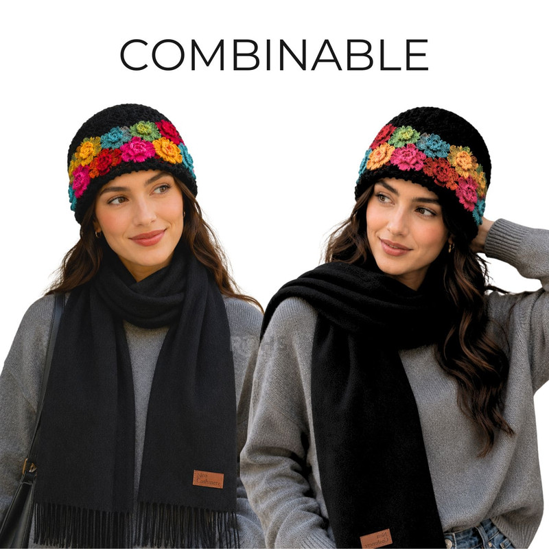 CHALINA NEGRA + GORRO TEJIDO CON FLORES MULTICOLOR DE TELA SUAVE - 3