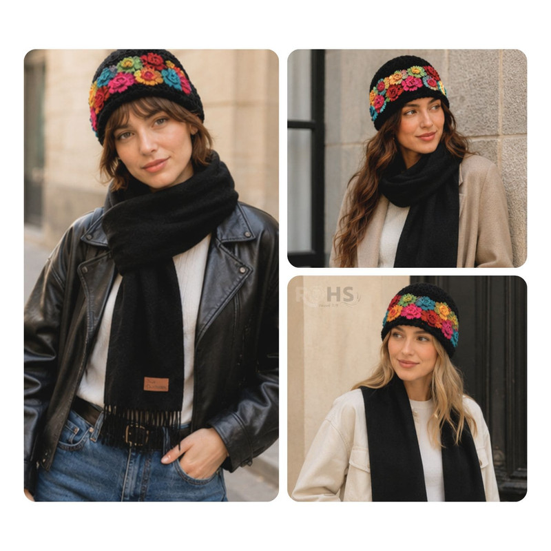CHALINA NEGRA + GORRO TEJIDO CON FLORES MULTICOLOR DE TELA SUAVE - 4