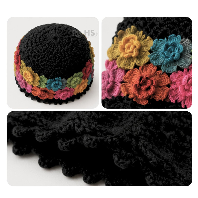 CHALINA NEGRA + GORRO TEJIDO CON FLORES MULTICOLOR DE TELA SUAVE - 7