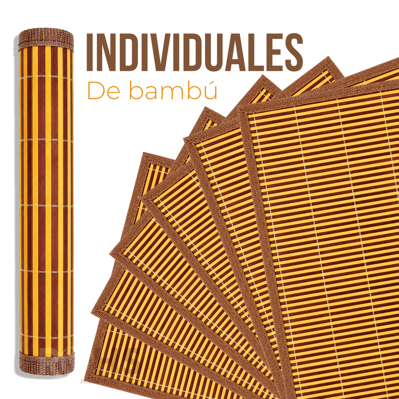 SET 6 INDIVIDUALES RECTANGULARES DE BAMBÚ MARRÓN 42X30 CM ENROLLABLES PARA MESA COMEDORR - 1