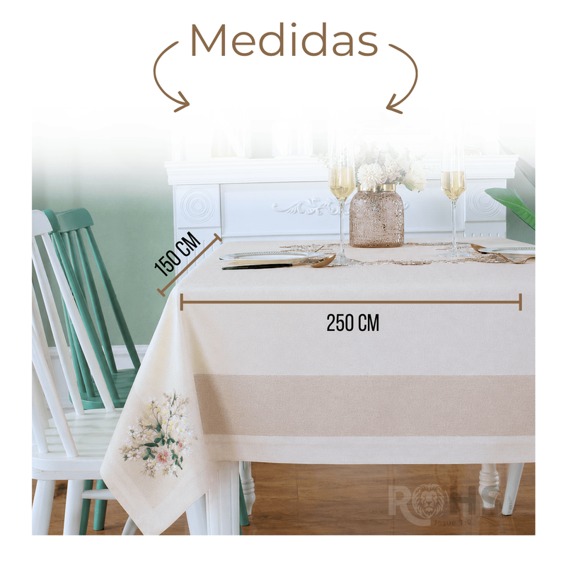 MANTEL BORDADO FLORAL RECTANGULAR BEIGE Y BLANCO 150X250 CM CON DISEÑO ROSA - 3