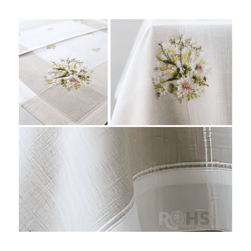 MANTEL BORDADO FLORAL RECTANGULAR BEIGE Y BLANCO 150X250 CM CON DISEÑO ROSA - 4