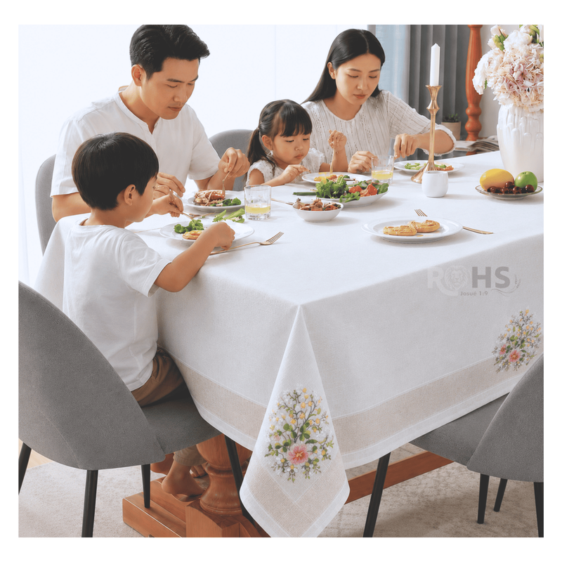 MANTEL BORDADO FLORAL RECTANGULAR BEIGE Y BLANCO 150X250 CM CON DISEÑO ROSA - 6