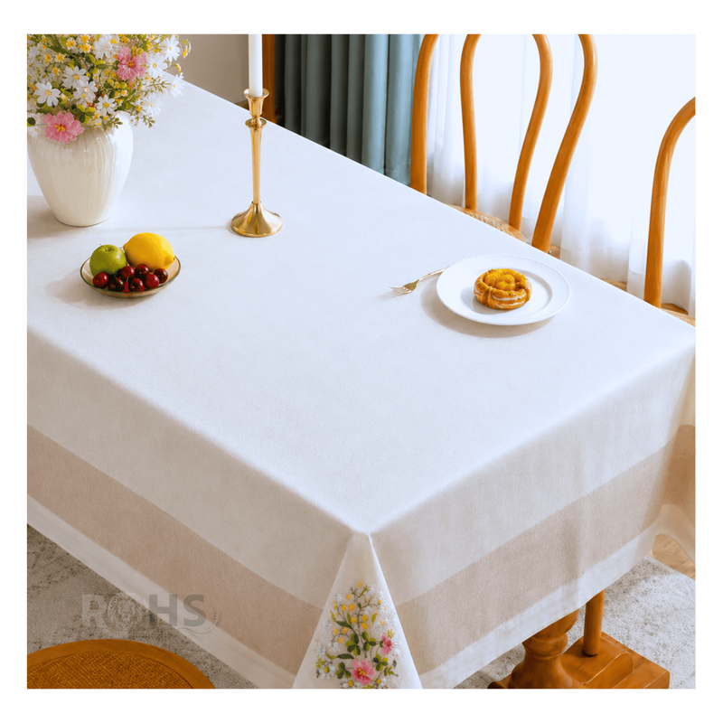 MANTEL BORDADO FLORAL RECTANGULAR BEIGE Y BLANCO 150X250 CM CON DISEÑO ROSA - 7