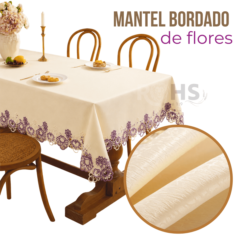 MANTEL BORDADO FLORAL RECTANGULAR BEIGE 150X250 CM CON ENCAJE DECORATIVO LILA - 1