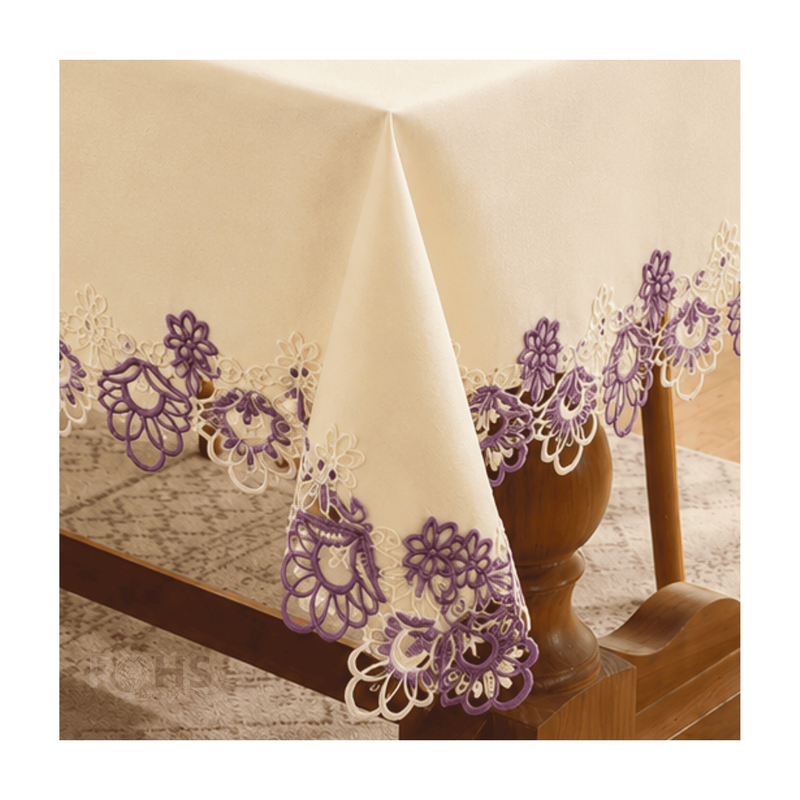 MANTEL BORDADO FLORAL RECTANGULAR BEIGE 150X250 CM CON ENCAJE DECORATIVO LILA - 2