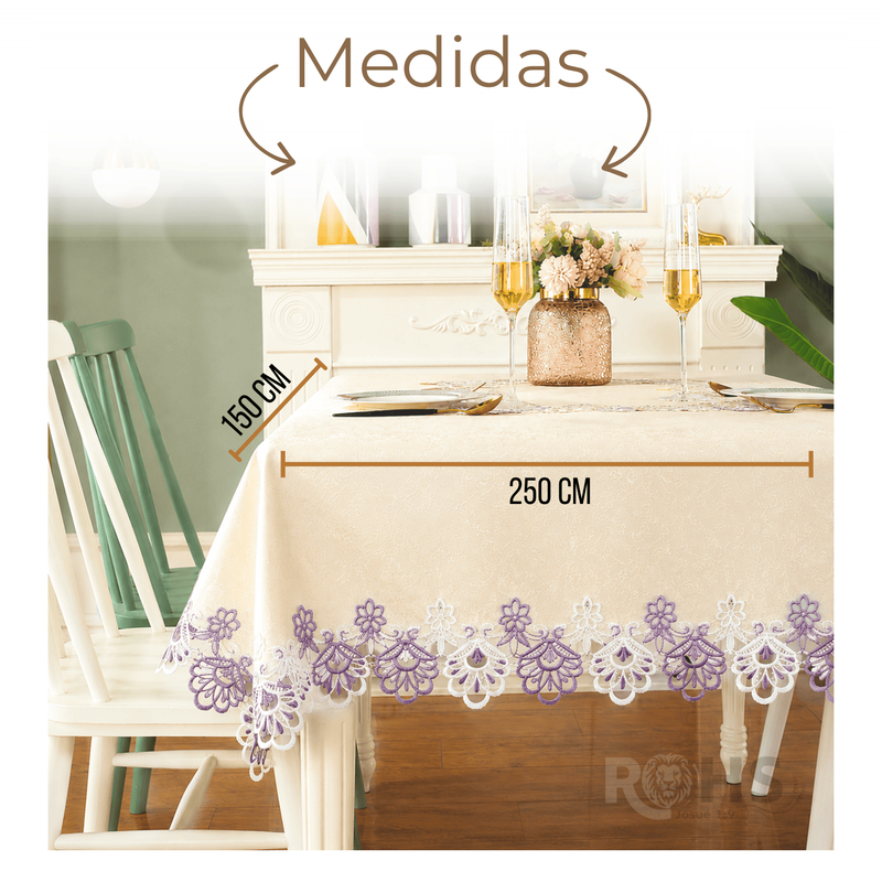 MANTEL BORDADO FLORAL RECTANGULAR BEIGE 150X250 CM CON ENCAJE DECORATIVO LILA - 3