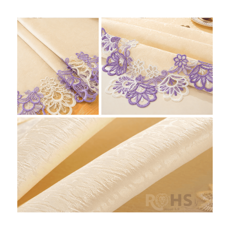 MANTEL BORDADO FLORAL RECTANGULAR BEIGE 150X250 CM CON ENCAJE DECORATIVO LILA - 4
