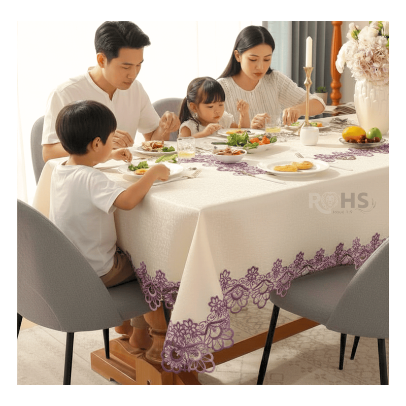MANTEL BORDADO FLORAL RECTANGULAR BEIGE 150X250 CM CON ENCAJE DECORATIVO LILA - 6