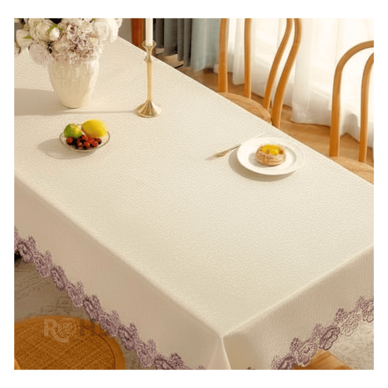 MANTEL BORDADO FLORAL RECTANGULAR BEIGE 150X250 CM CON ENCAJE DECORATIVO LILA - 7