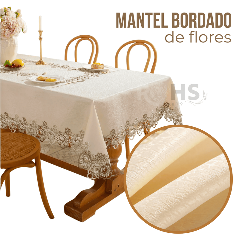 MANTEL BORDADO FLORAL RECTANGULAR BEIGE 150X250 CM CON ENCAJE DECORATIVO - 1