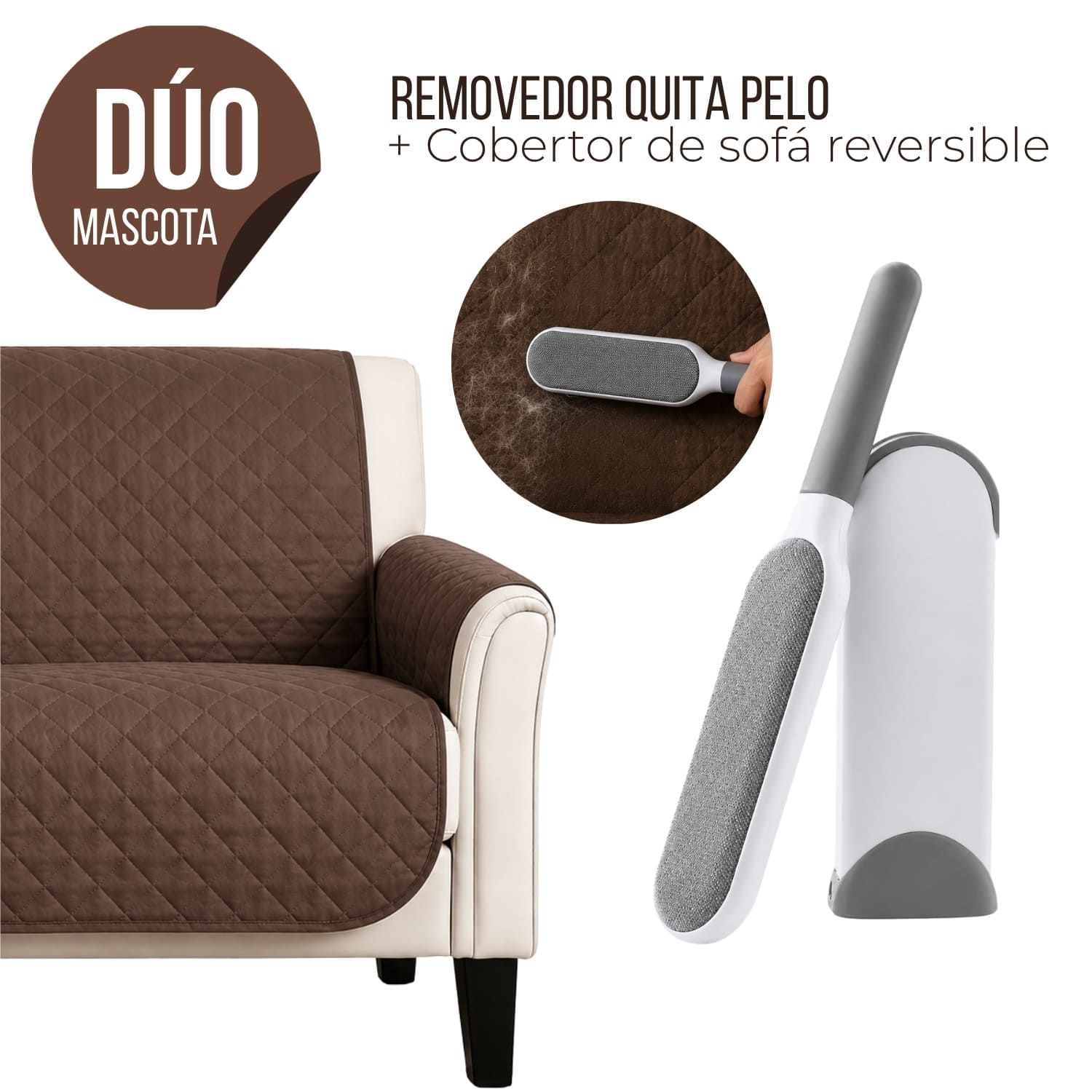 DÚO MASCOTA CON REMOVEDOR QUITA PELO REUTILIZABLE Y COBERTOR DE SOFÁ REVERSIBLE 256 X 156 CM - 1