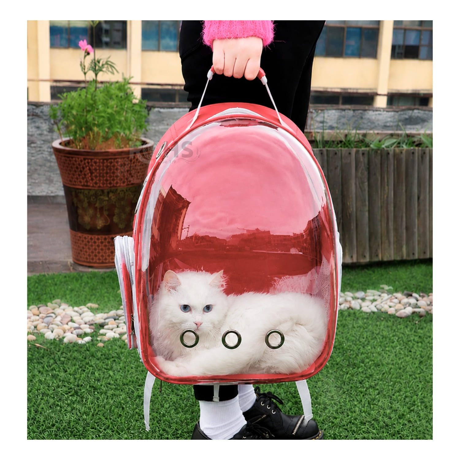 MOCHILA TRANSPORTADORA ROJO PARA MASCOTAS CON VENTANA TRANSPARENTE Y CORREAS AJUSTABLES - 5