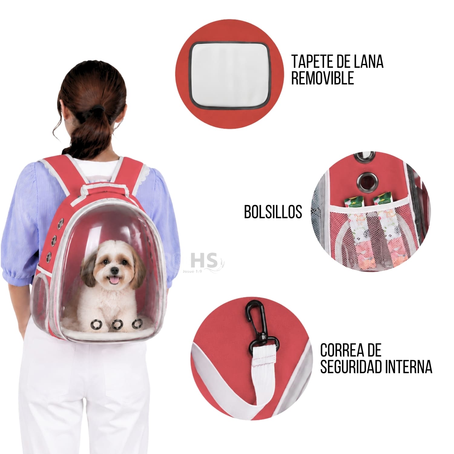 MOCHILA TRANSPORTADORA ROJO PARA MASCOTAS CON VENTANA TRANSPARENTE Y CORREAS AJUSTABLES - 7