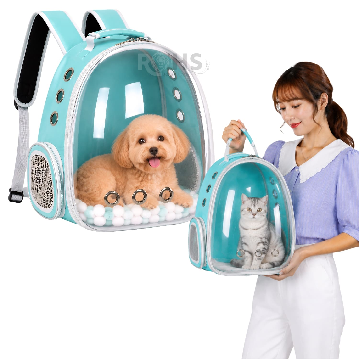 MOCHILA TRANSPORTADORA CELESTE PARA MASCOTAS CON VENTANA TRANSPARENTE Y CORREAS AJUSTABLES - 1