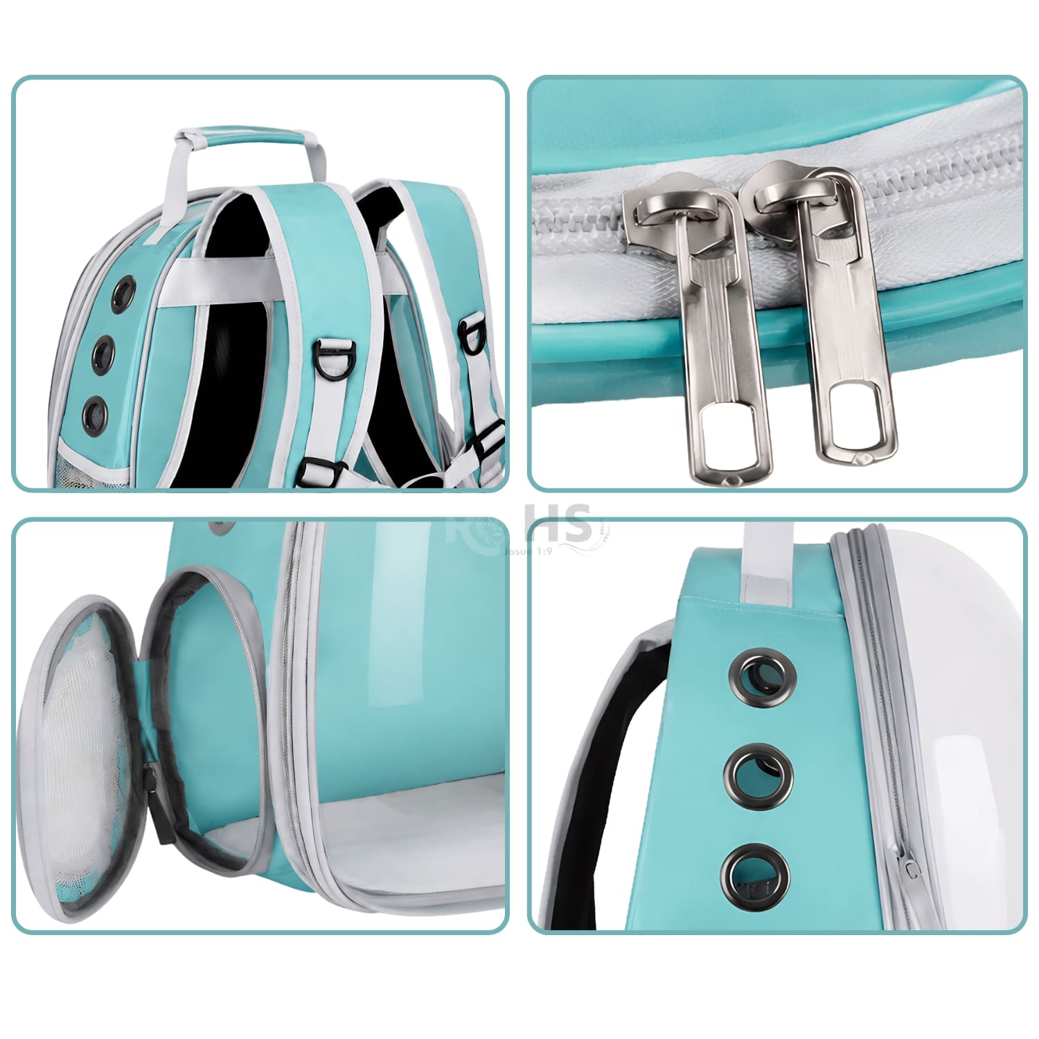 MOCHILA TRANSPORTADORA CELESTE PARA MASCOTAS CON VENTANA TRANSPARENTE Y CORREAS AJUSTABLES - 3