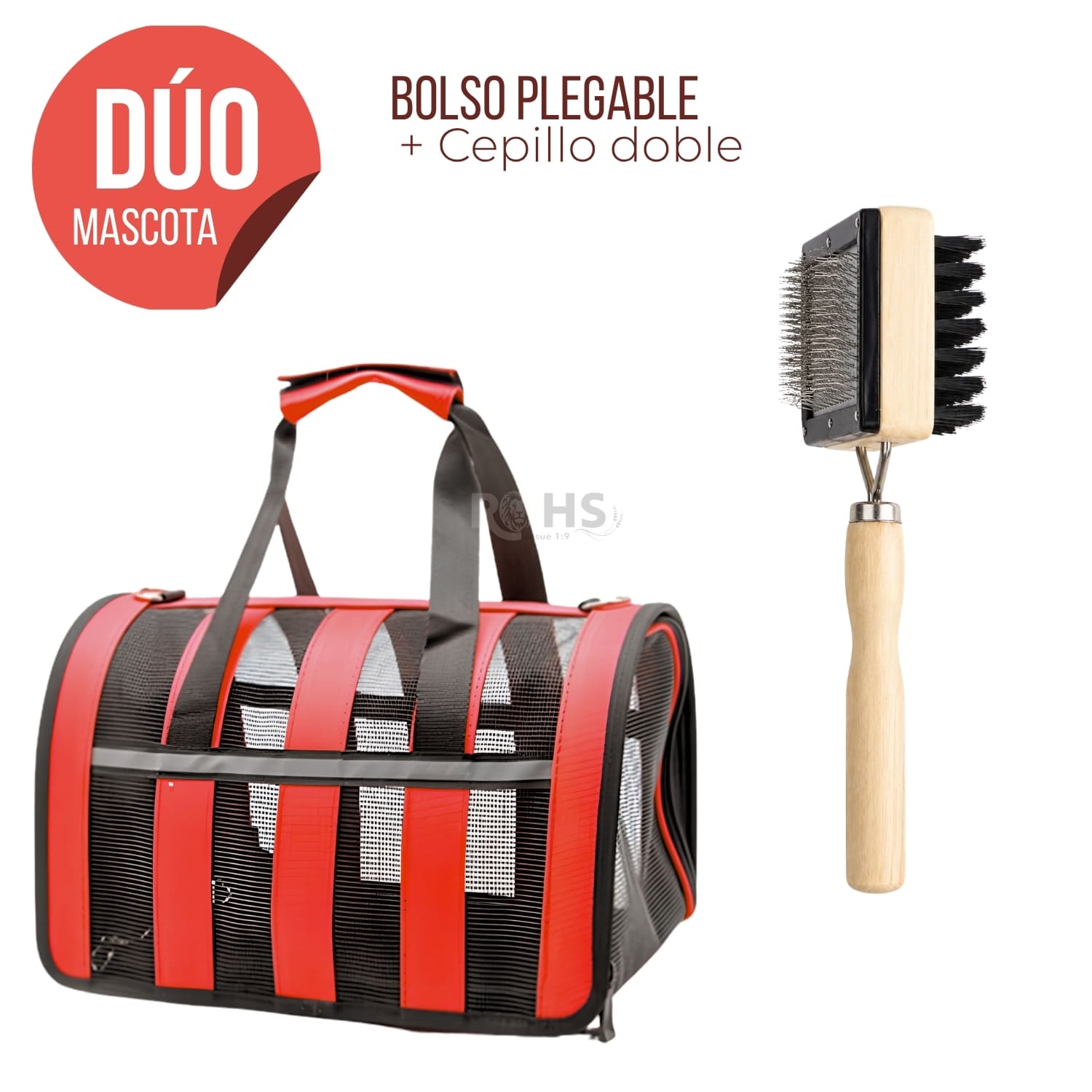 DÚO MASCOTA BOLSO PLEGABLE ROJO Y CEPILLO DOBLE PARA PERROS Y GATOS - 1