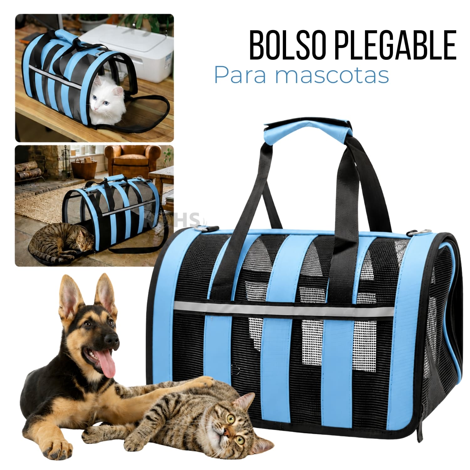 BOLSO TRANSPORTADOR PLEGABLE CELESTE PARA PERROS Y GATOS CON MALLA TRANSPIRABLE - 1