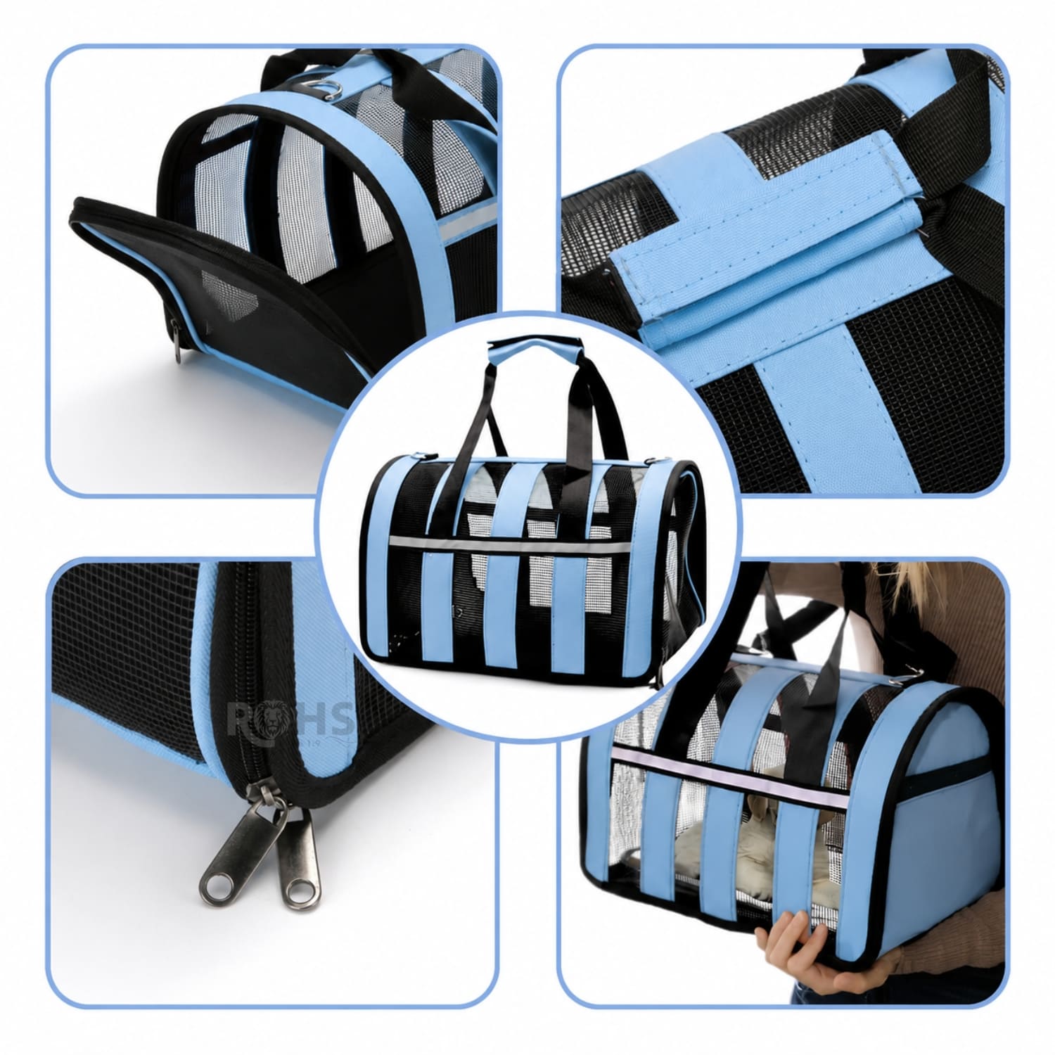 BOLSO TRANSPORTADOR PLEGABLE CELESTE PARA PERROS Y GATOS CON MALLA TRANSPIRABLE - 2