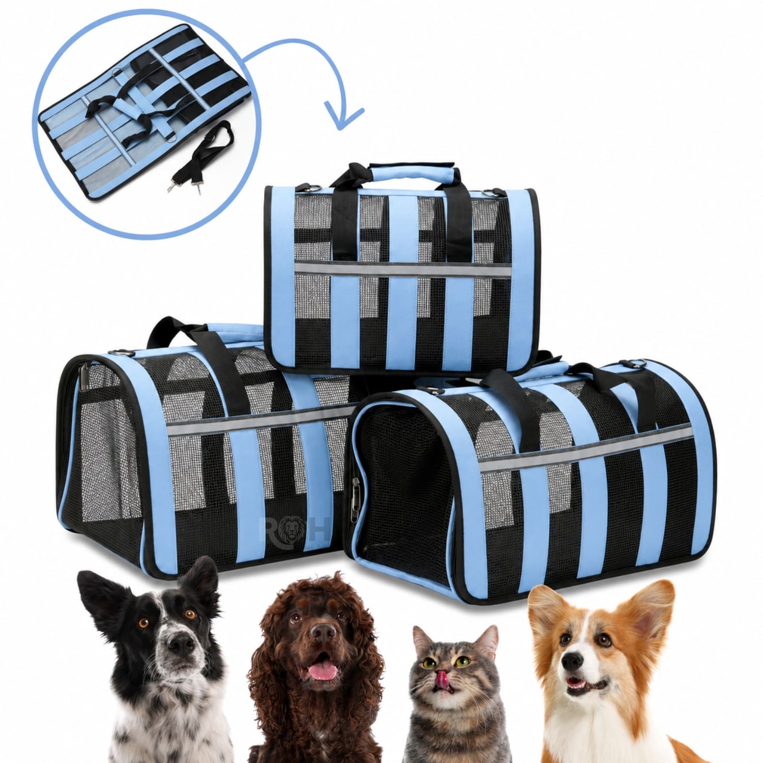 BOLSO TRANSPORTADOR PLEGABLE CELESTE PARA PERROS Y GATOS CON MALLA TRANSPIRABLE - 5