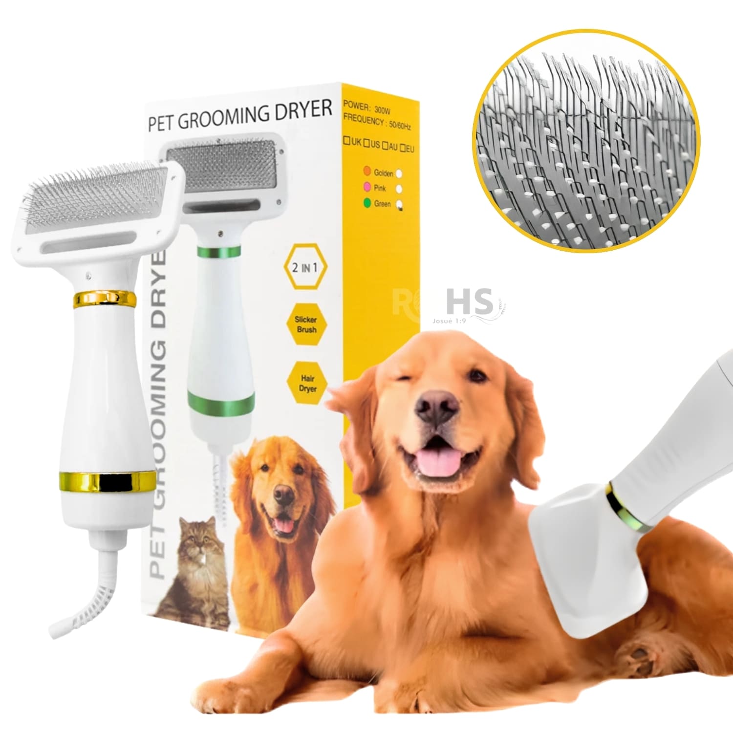 CEPILLO SECADOR ELÉCTRICO DORADO CON CERDAS METÁLICAS PARA MASCOTAS - 1