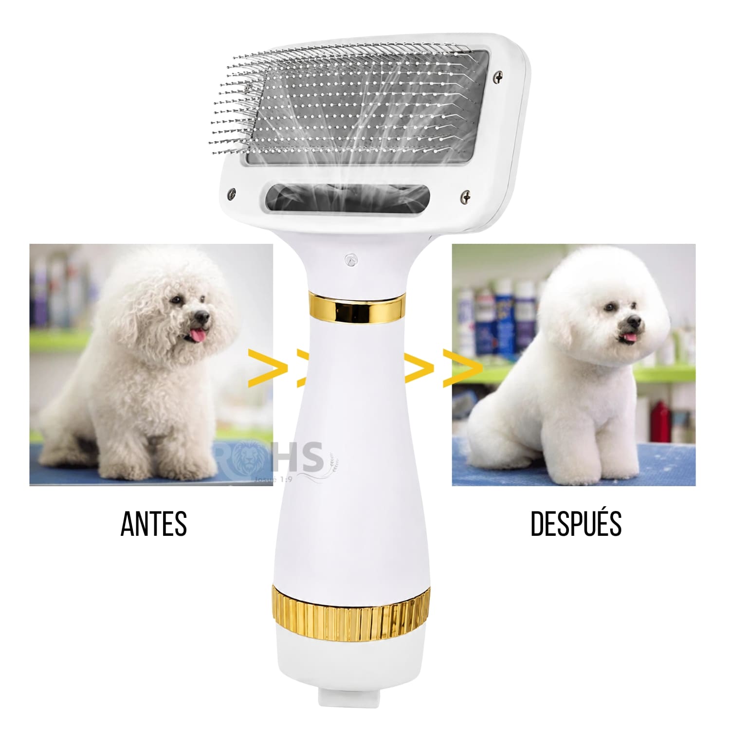 CEPILLO SECADOR ELÉCTRICO DORADO CON CERDAS METÁLICAS PARA MASCOTAS - 4