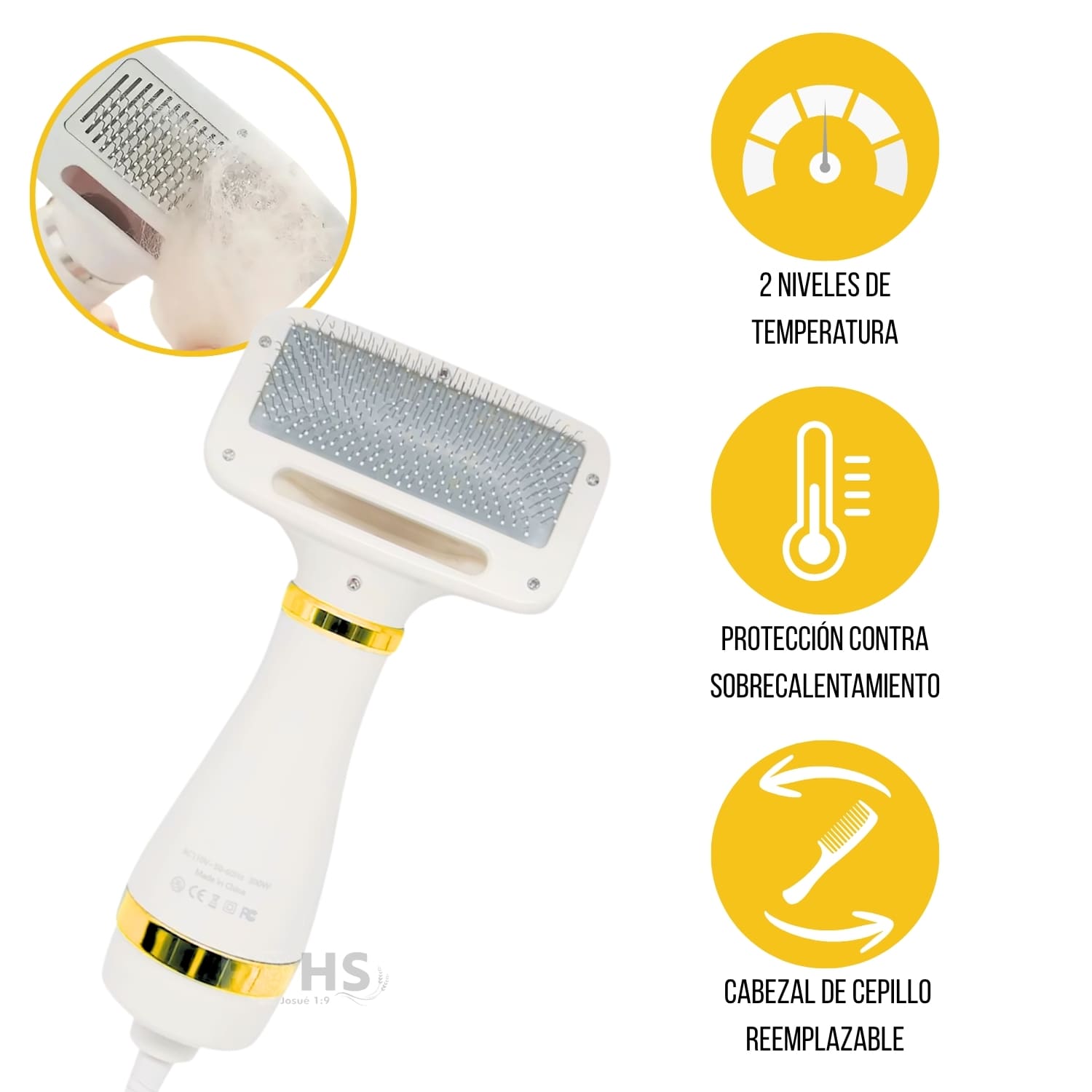 CEPILLO SECADOR ELÉCTRICO DORADO CON CERDAS METÁLICAS PARA MASCOTAS - 5