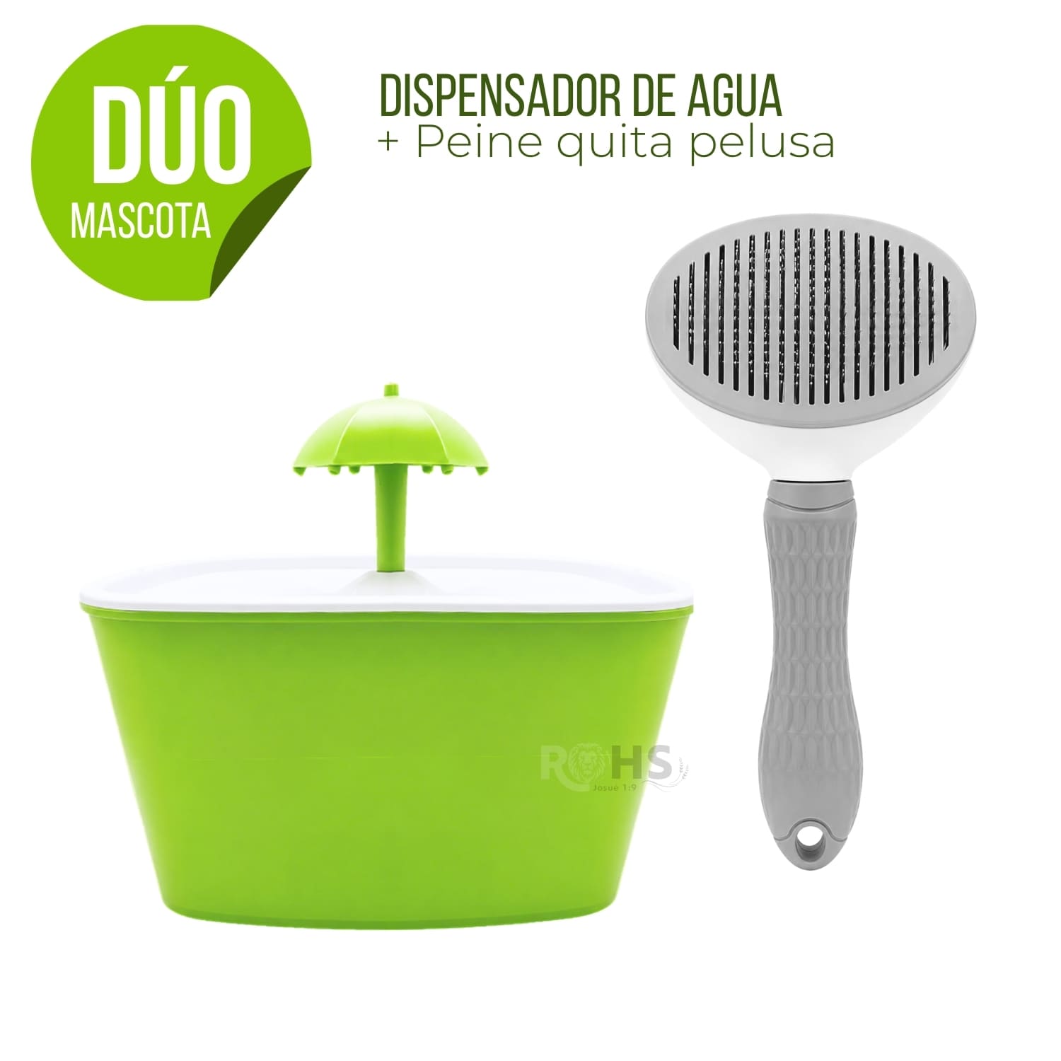 DÚO MASCOTA DISPENSADOR DE AGUA VERDE Y CEPILLO QUITA PELUSA PARA PERROS Y GATOS - 1