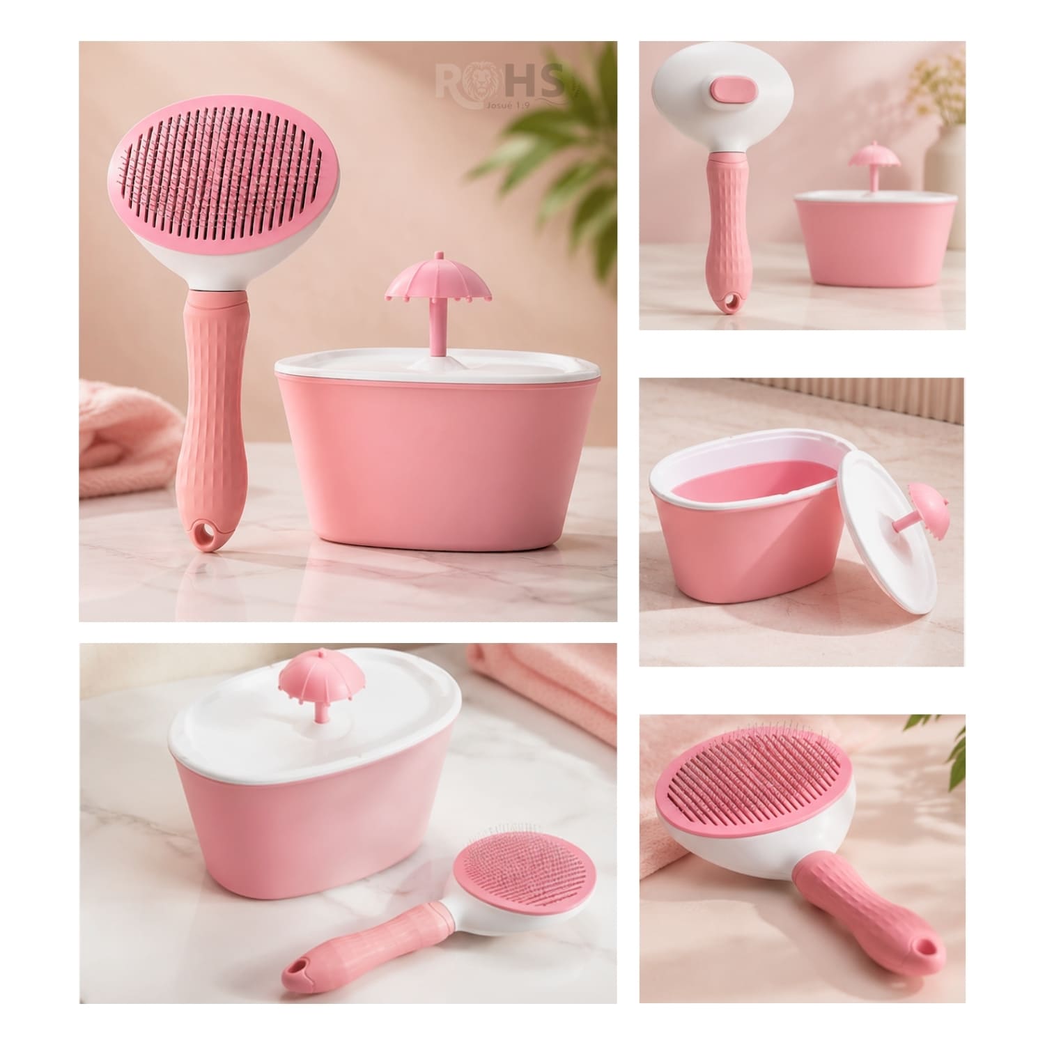 DÚO MASCOTA DISPENSADOR DE AGUA ROSA Y CEPILLO QUITA PELUSA PARA PERROS Y GATOS - 5