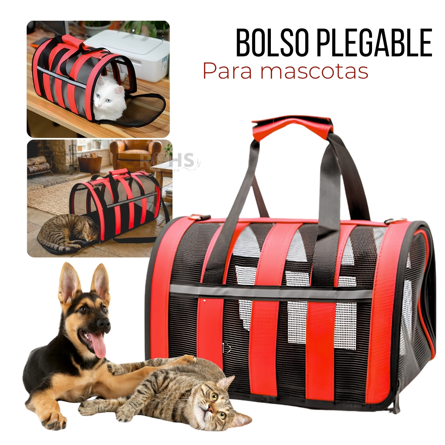 BOLSO TRANSPORTADOR PLEGABLE ROJO PARA PERROS Y GATOS CON MALLA TRANSPIRABLE - 1
