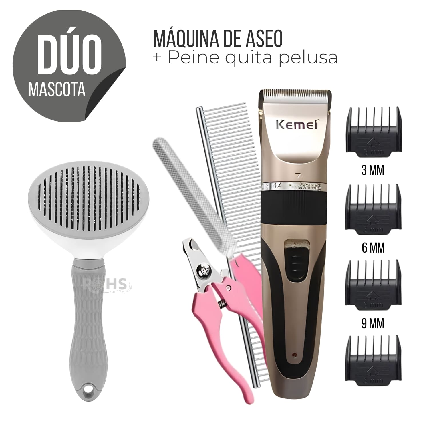 DÚO MASCOTA KIT DE ASEO KEMEI Y CEPILLO QUITA PELUSA GRIS - 1