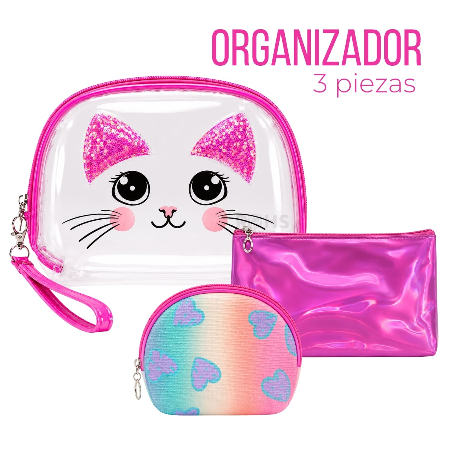SET ORGANIZADOR 3 PCS FUCSIA HOLOGRÁFICO Y TRANSPARENTE - 1
