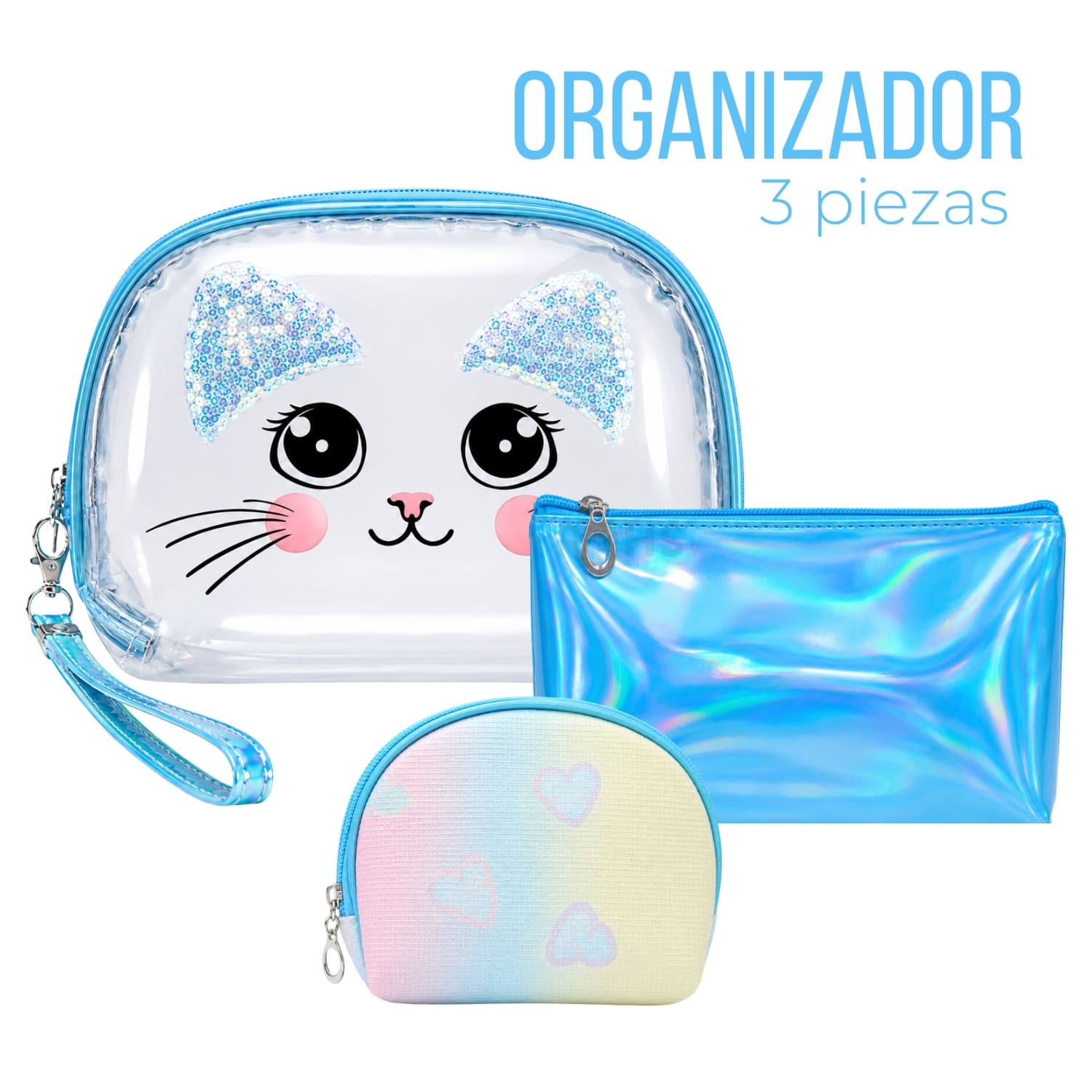 SET ORGANIZADOR 3 PCS CELESTE HOLOGRÁFICO Y TRANSPARENTE - 1