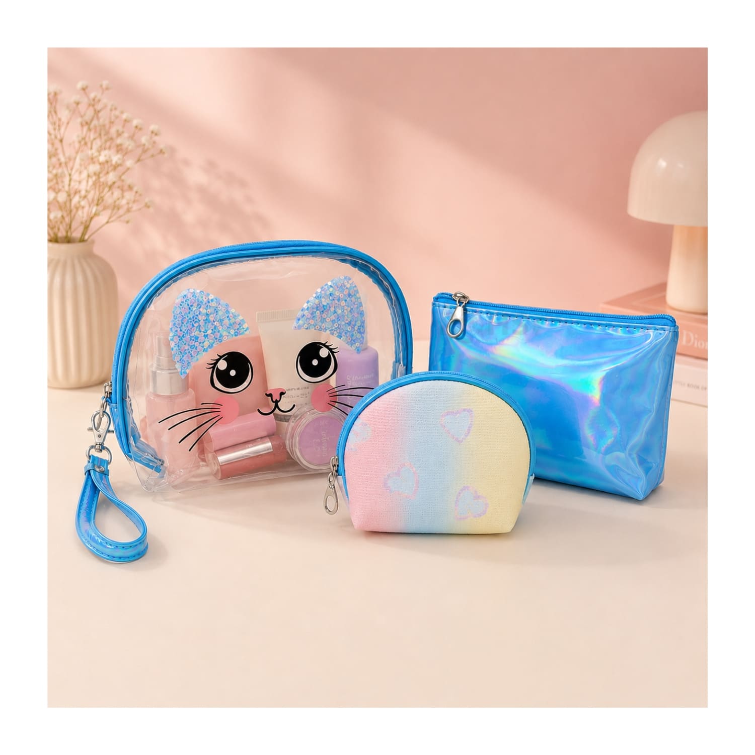 SET ORGANIZADOR 3 PCS CELESTE HOLOGRÁFICO Y TRANSPARENTE - 3